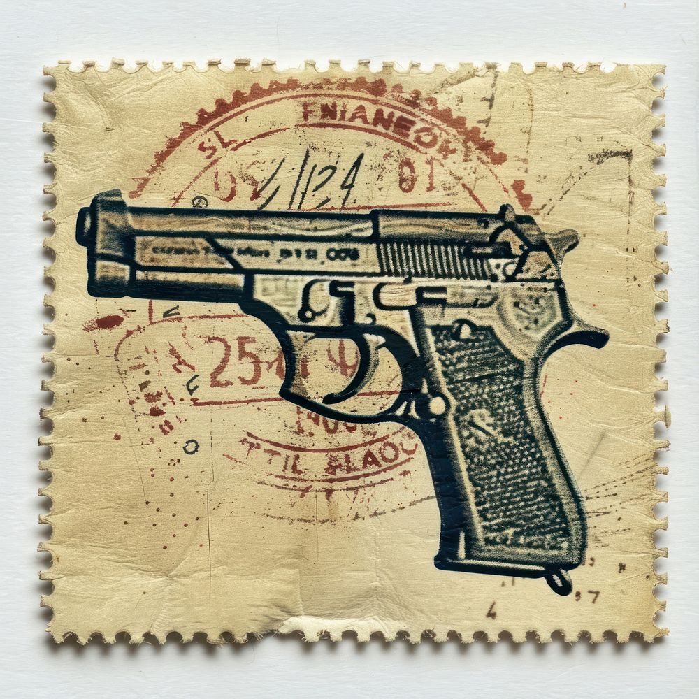 Vintage postage stamp with gun clapperboard weaponry firearm.
