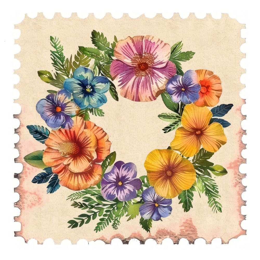 Vintage postage stamp with flower wreath pattern blossom anemone.