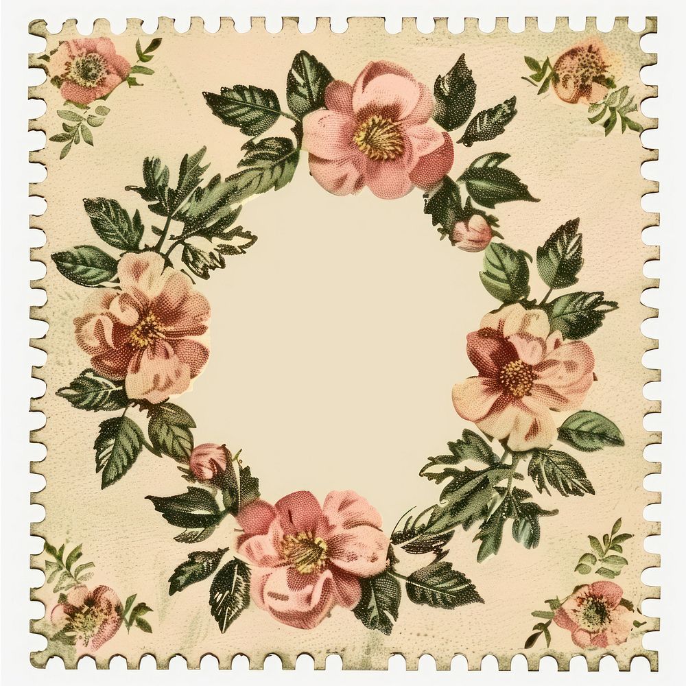 Vintage postage stamp with flower wreath pattern blossom plant.