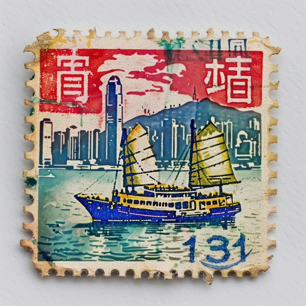 Vintage postage stamp with hong kong transportation vehicle boat.