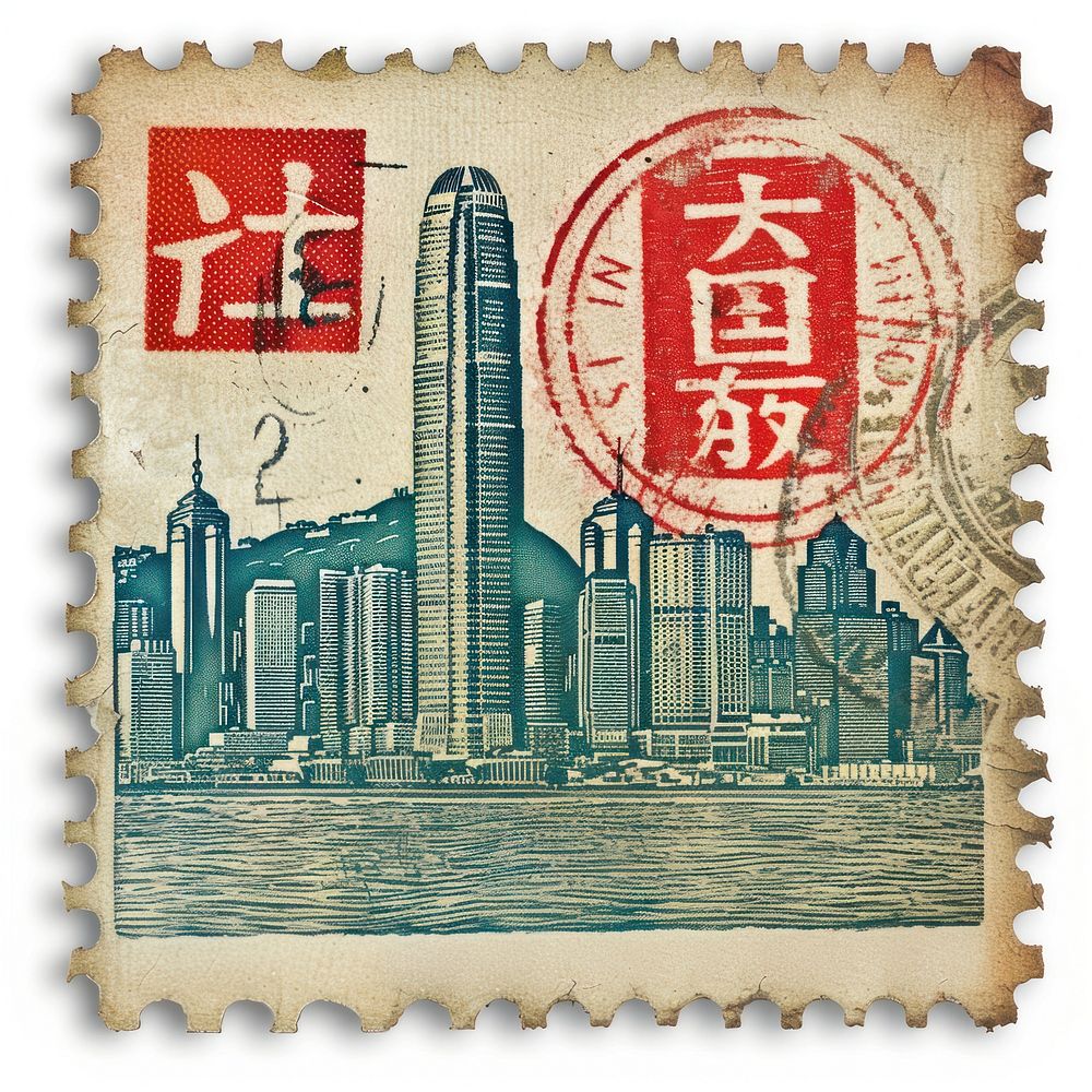 Vintage postage stamp with hong kong architecture blackboard building.