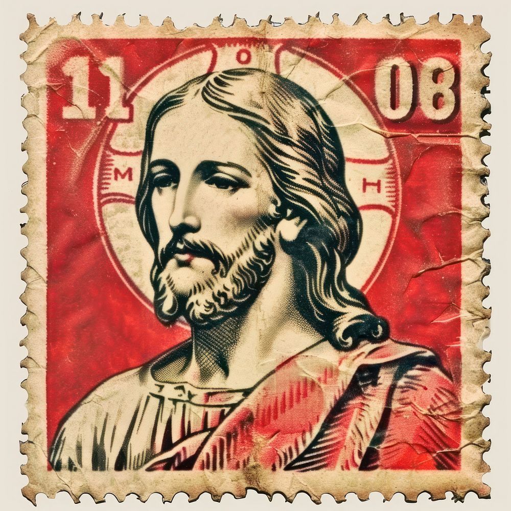 Vintage postage stamp with jesus person human face.