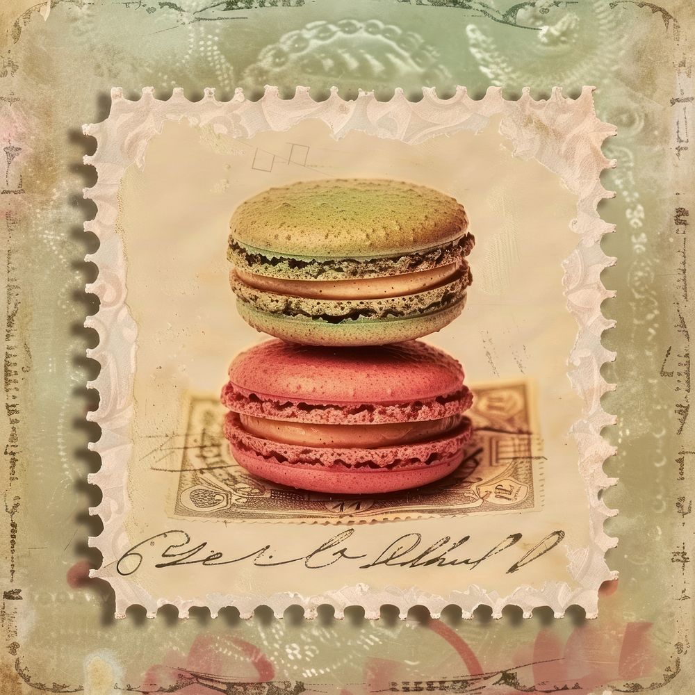 Vintage postage stamp with macaron macarons confectionery sweets.