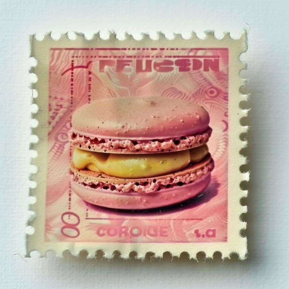 Vintage postage stamp with macaron confectionery sweets burger.