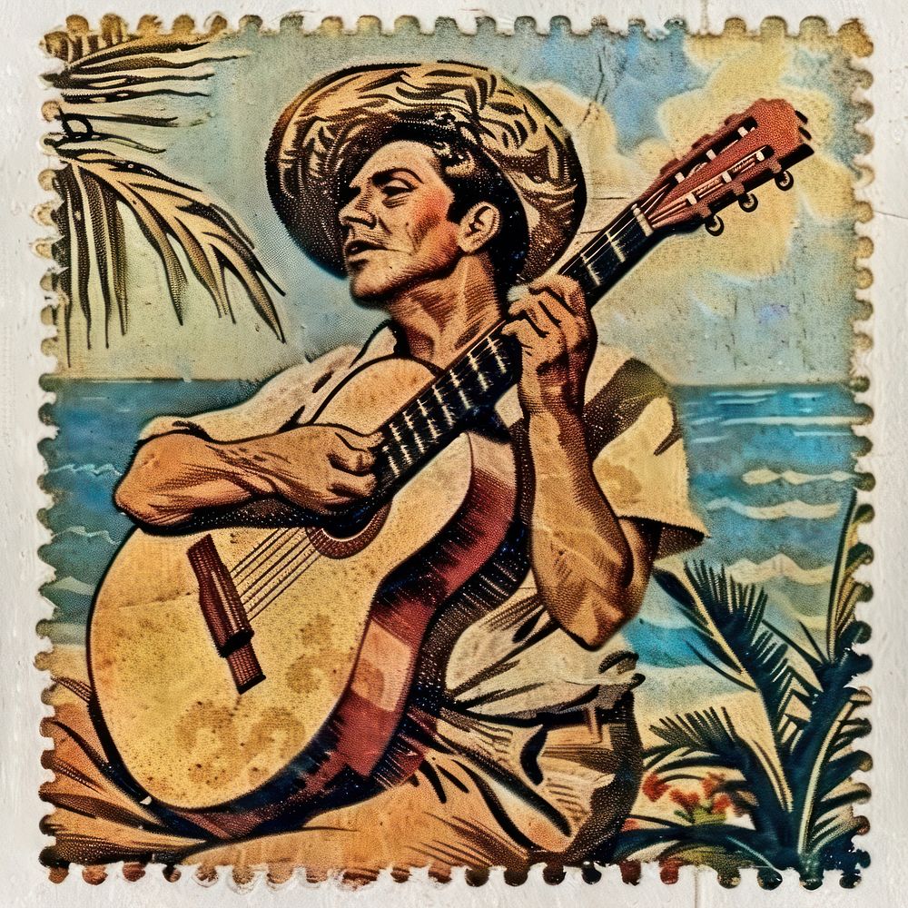 Vintage postage stamp with person holding guitar painting human face.