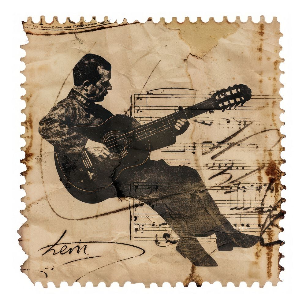 Vintage postage stamp with person holding guitar human head musical instrument.