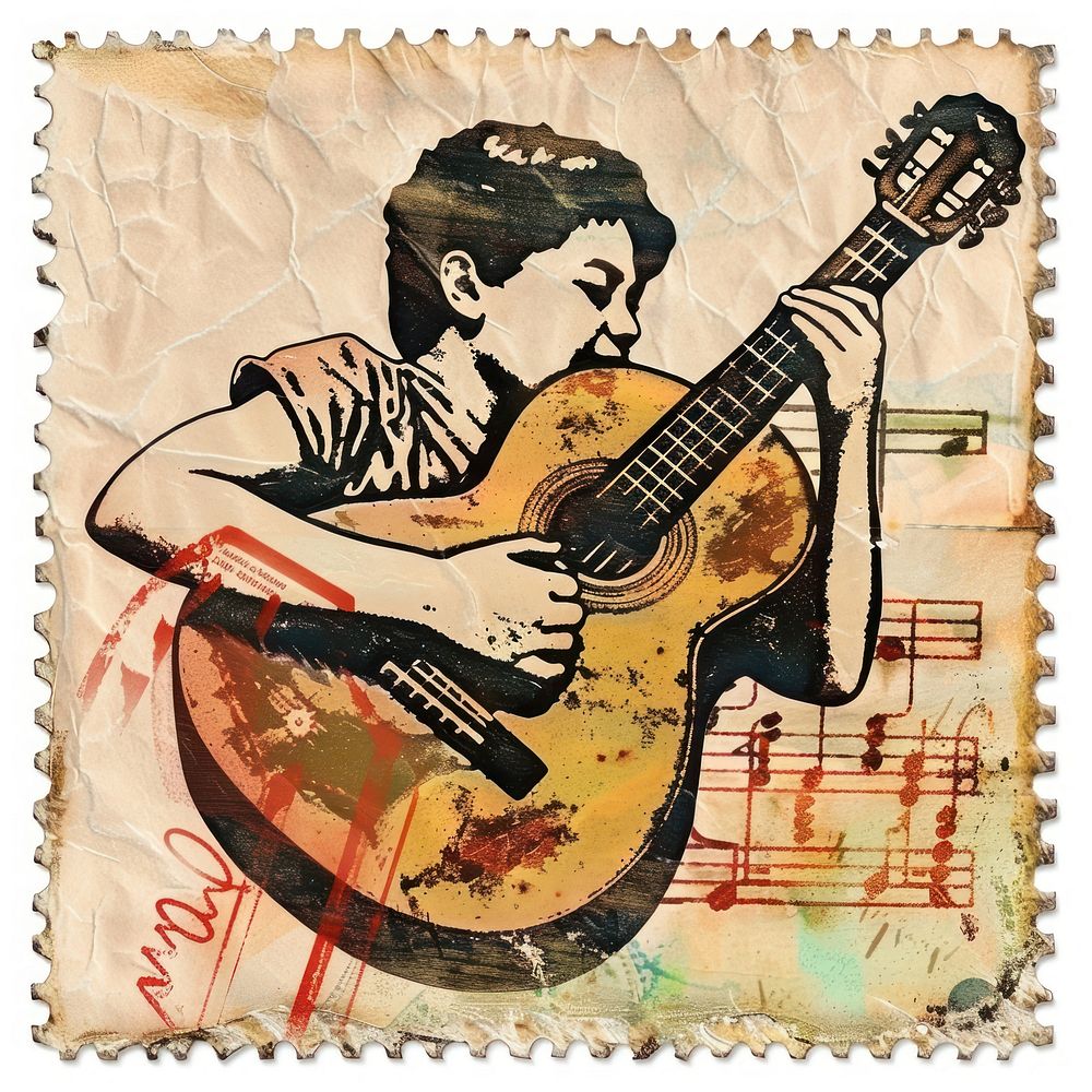 Vintage postage stamp with person holding guitar human musical instrument.
