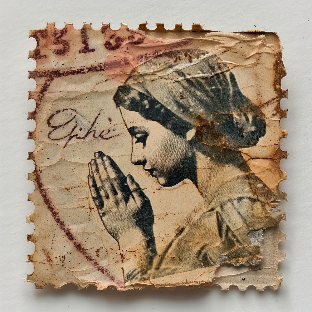 Vintage postage stamp with person praying human face head.