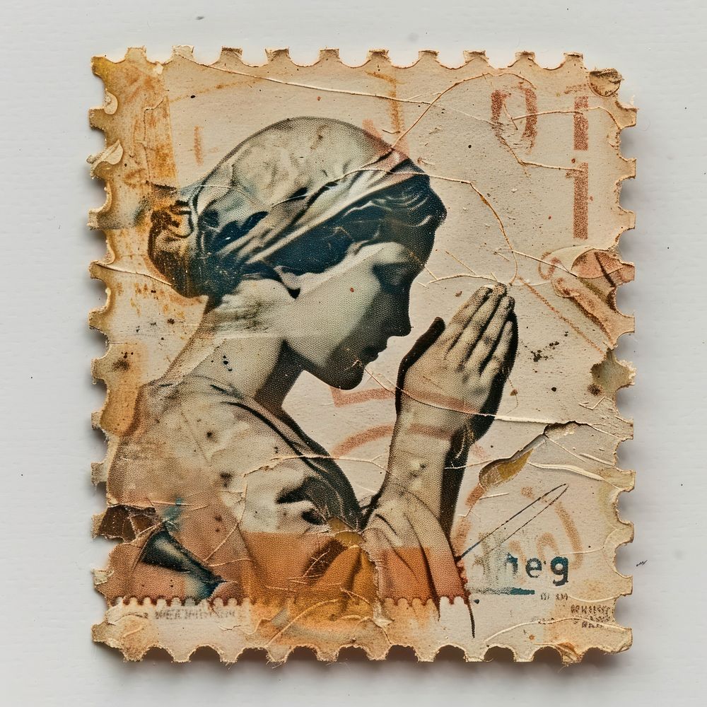 Vintage postage stamp with person praying adult human male.