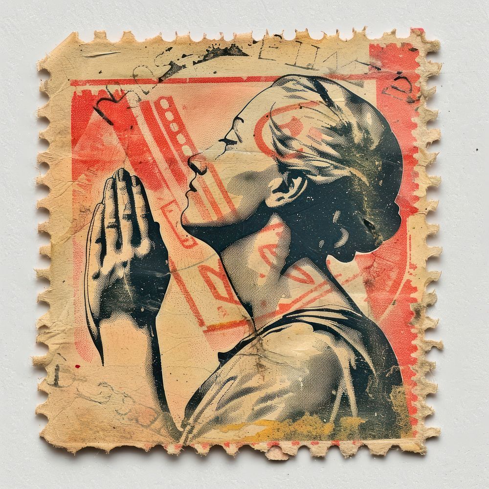 Vintage postage stamp with person praying human.