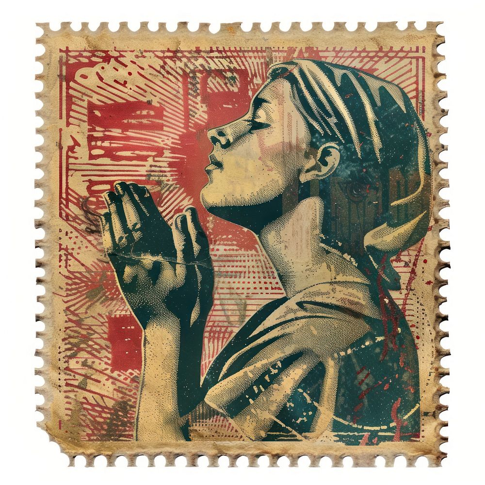 Vintage postage stamp with person praying human face head.