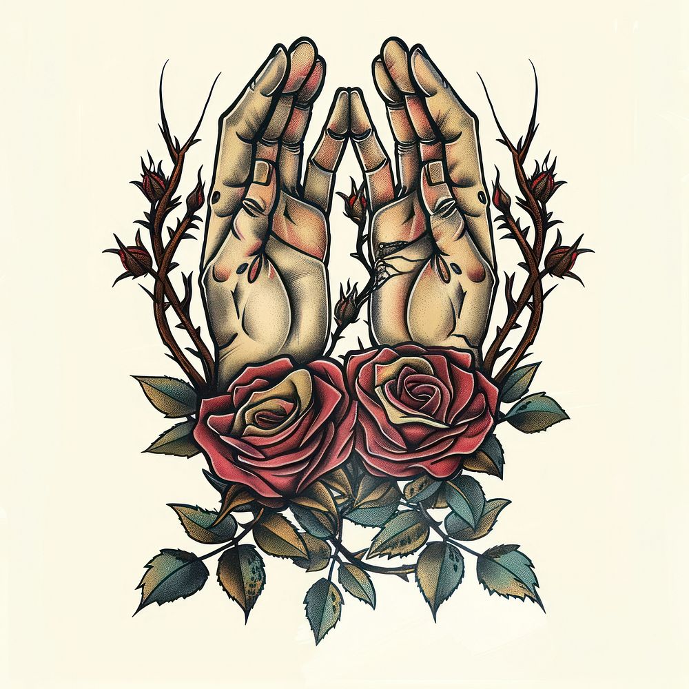 Clasped hands rose illustrated graphics.