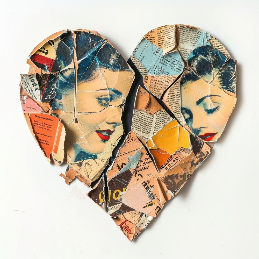 Broken heart shape collage cutouts person human face.