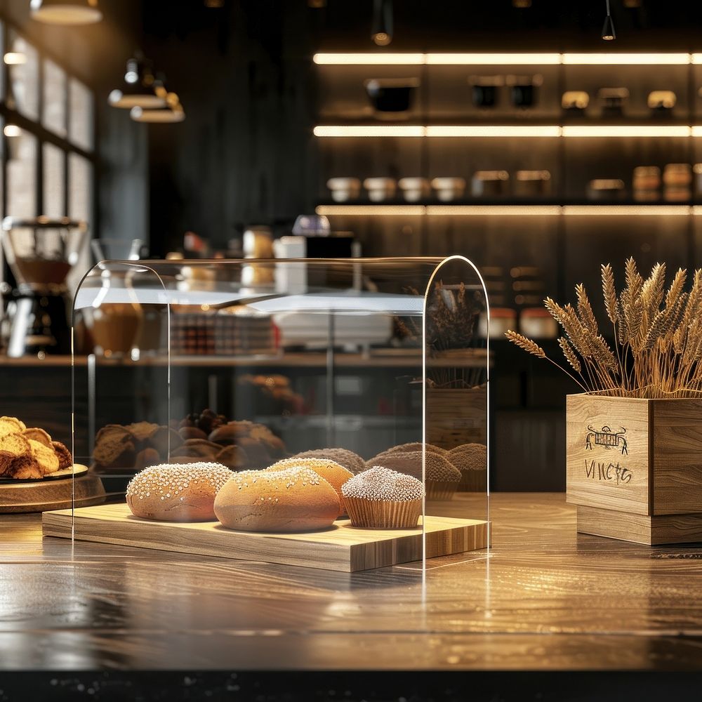 A clear acrylic counter stand mockup bakery shop plant.