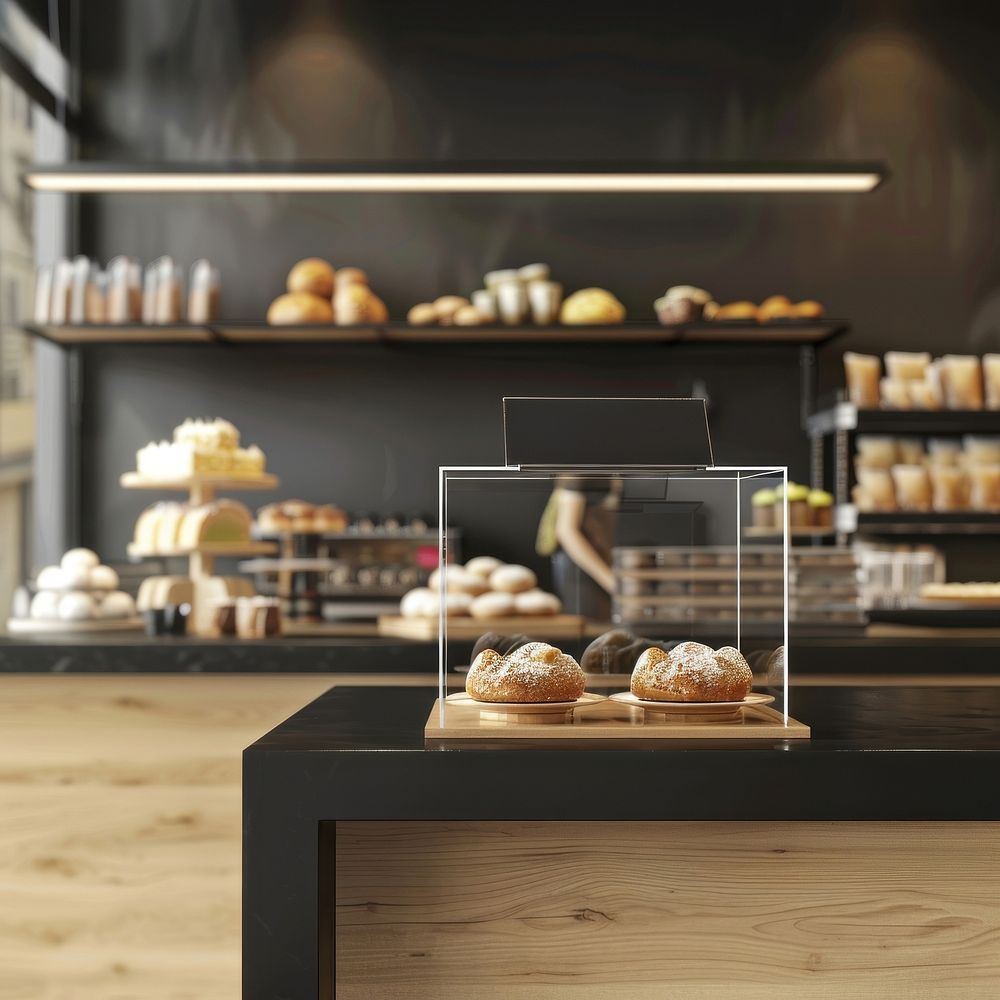 A clear acrylic counter stand mockup bakery shop person.
