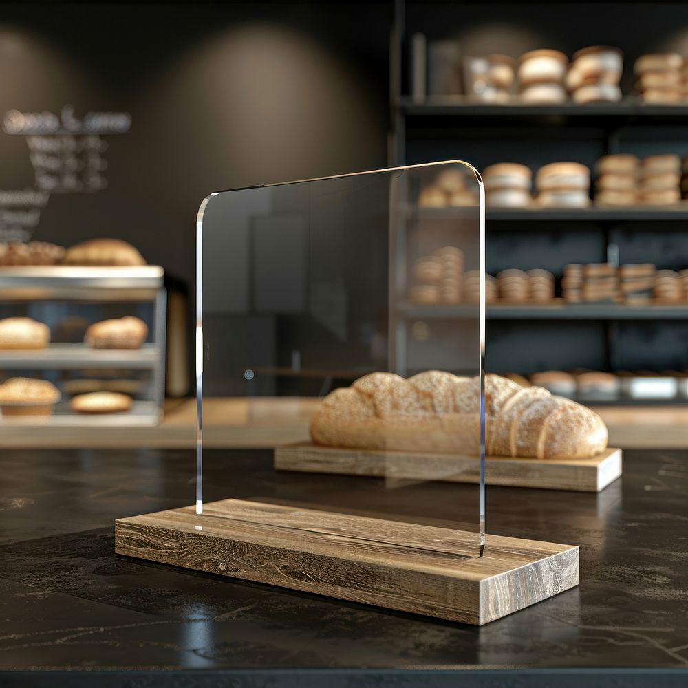 A clear acrylic counter stand mockup shop bread food.