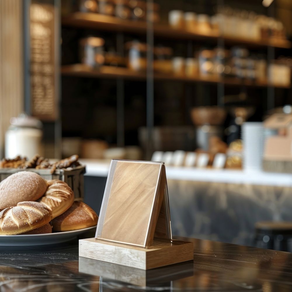 A clear acrylic counter stand mockup bakery shop bread.