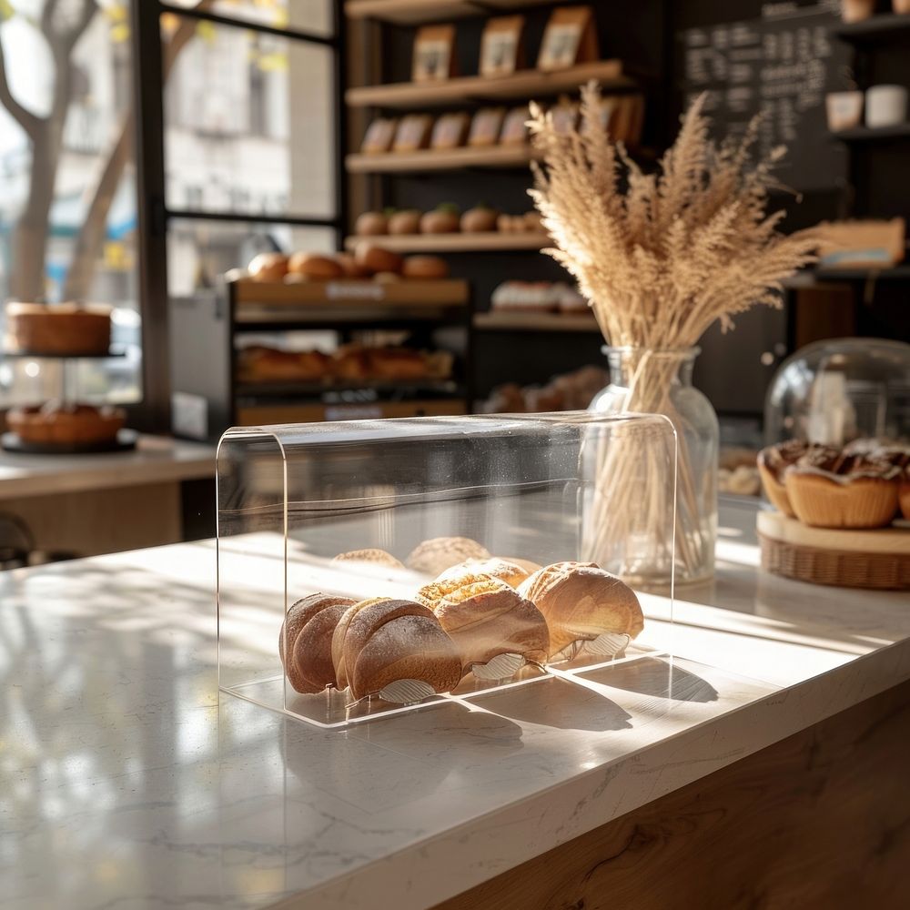 A clear acrylic counter stand mockup bakery shop bread.