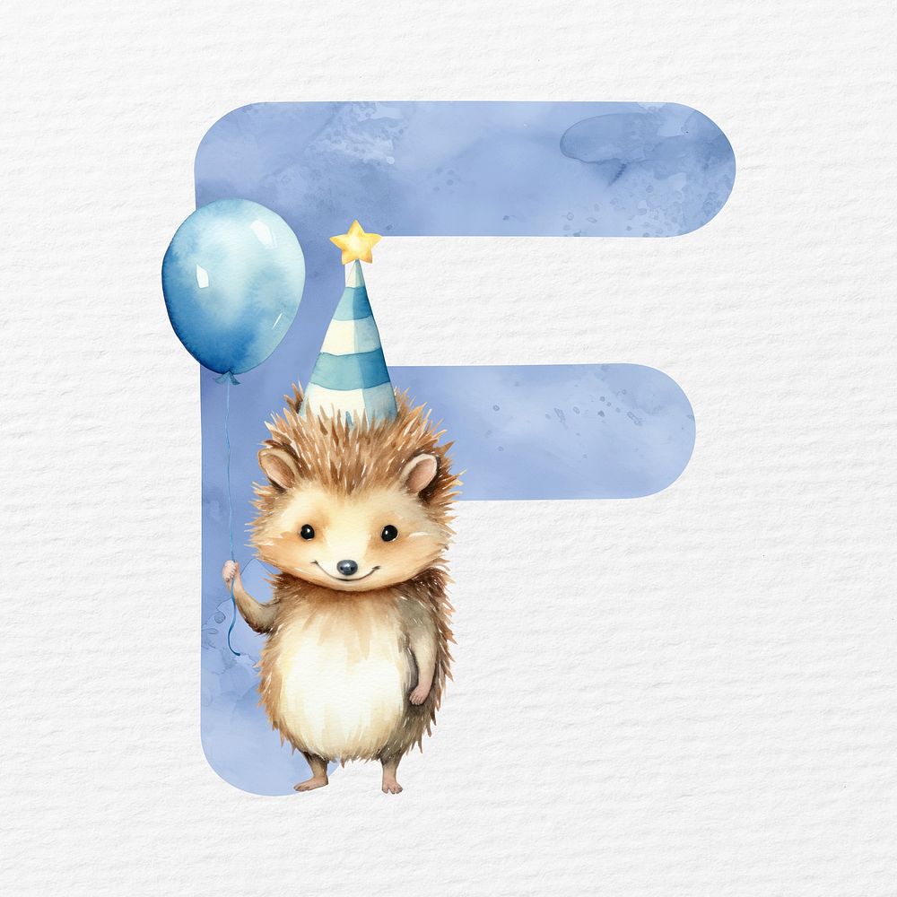 Letter F in blue watercolor alphabet with animal character illustration