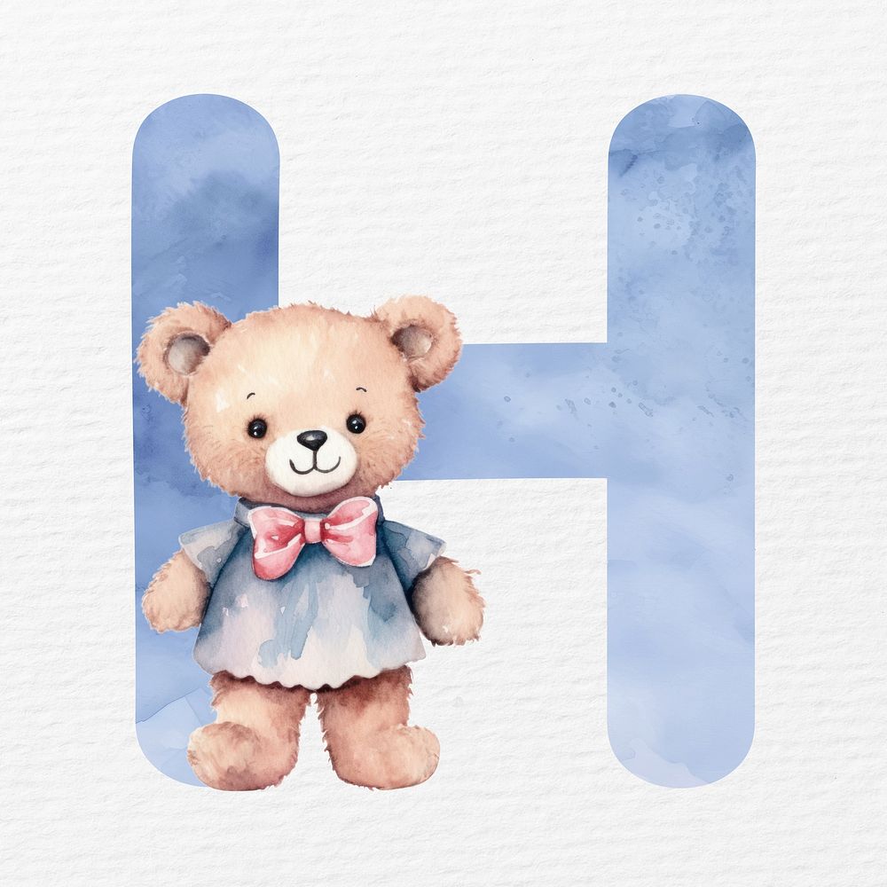 Letter H in blue watercolor alphabet with animal character illustration