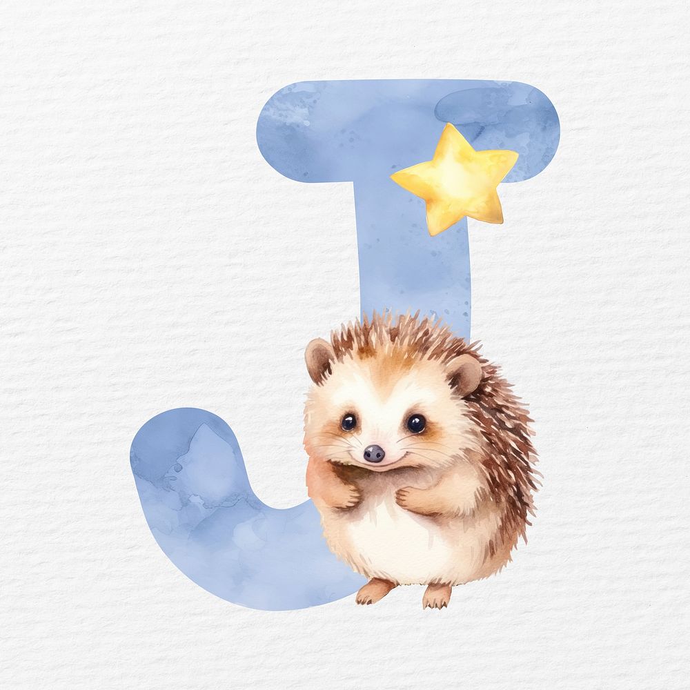 Letter J in blue watercolor alphabet with animal character illustration