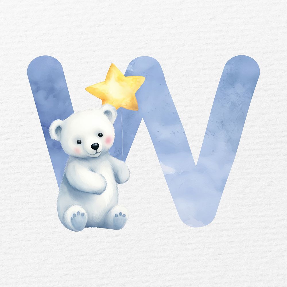 Letter W in blue watercolor alphabet with animal character illustration