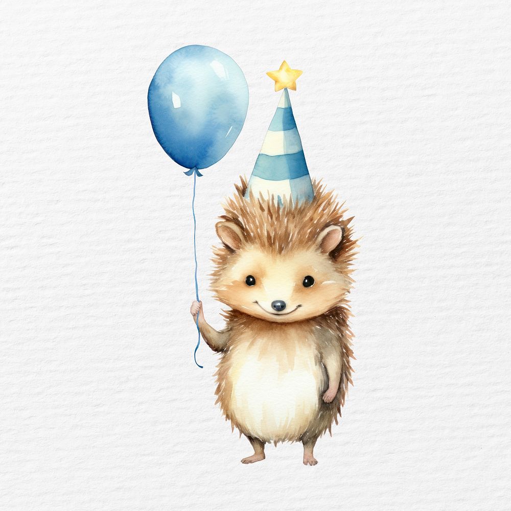 Cute hedgehog with blue balloon, watercolor animal illustration