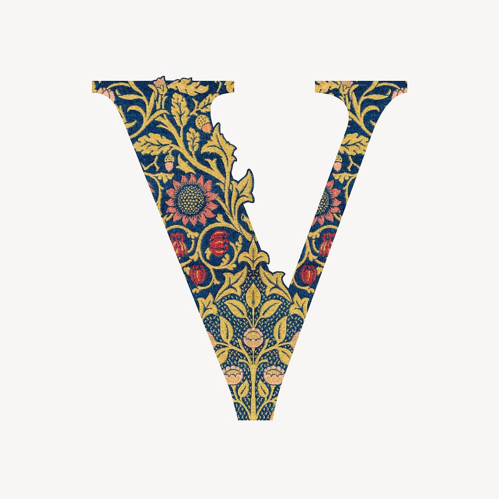 Letter V botanical pattern font, inspired by William Morris