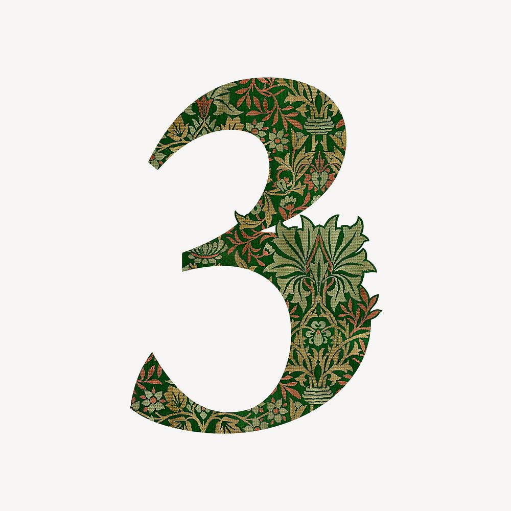 Number 3 vintage font, botanical pattern inspired by William Morris