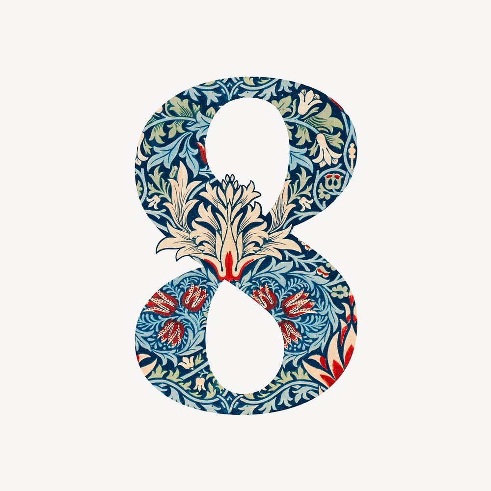 Number 8 vintage font, botanical pattern inspired by William Morris