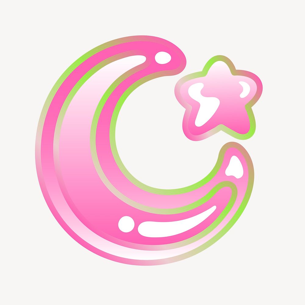 Crescent moon icon, funky pink illustration
