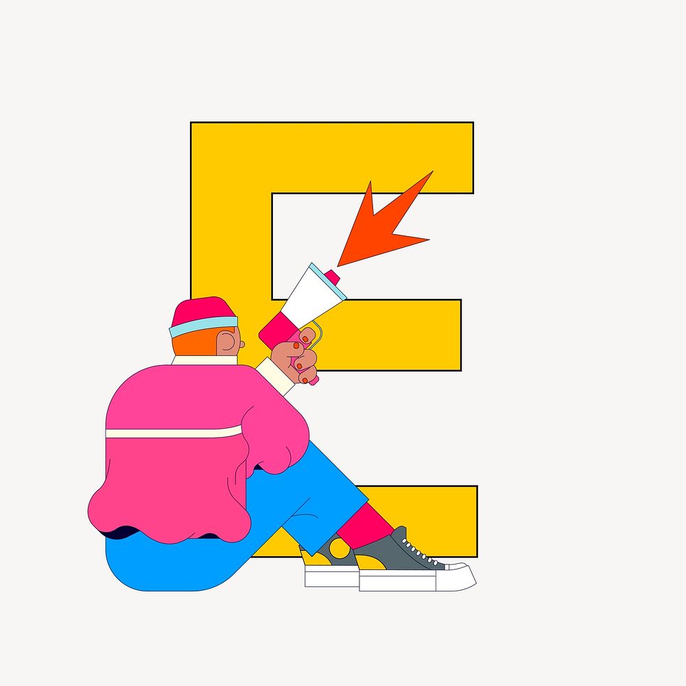 Letter E, character font illustration