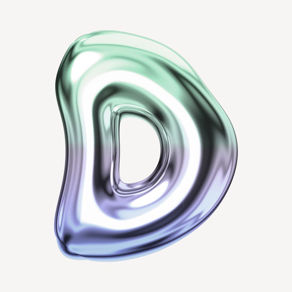 Letter D, holographic fluid chrome font illustration