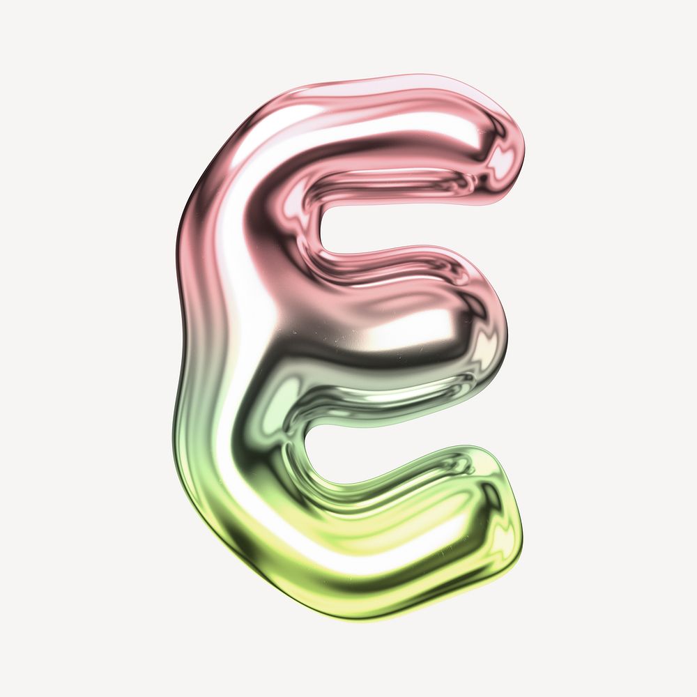 Letter E, holographic fluid chrome font illustration