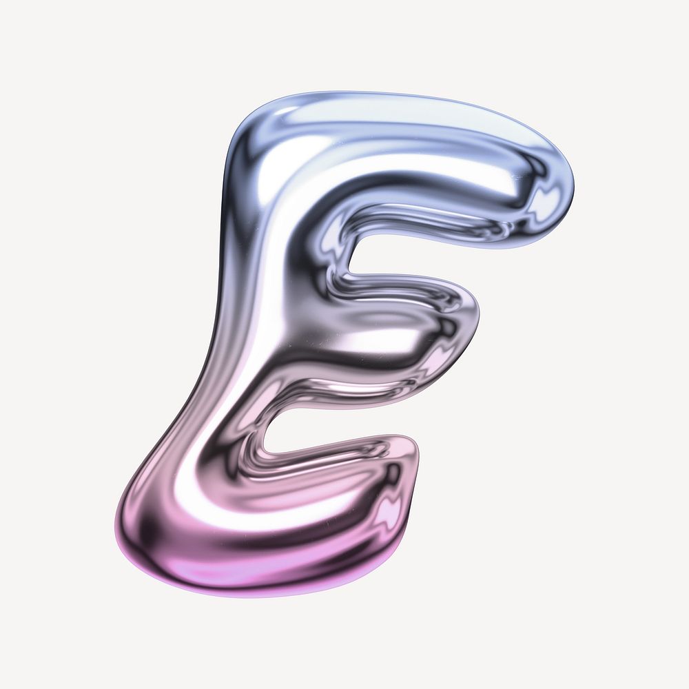 Letter E, holographic fluid chrome font illustration