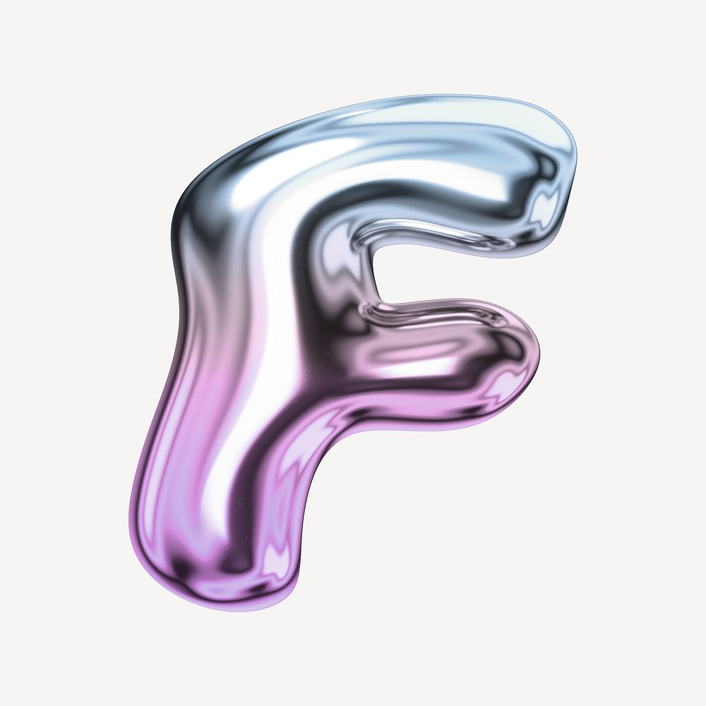 Letter F, holographic fluid chrome font illustration