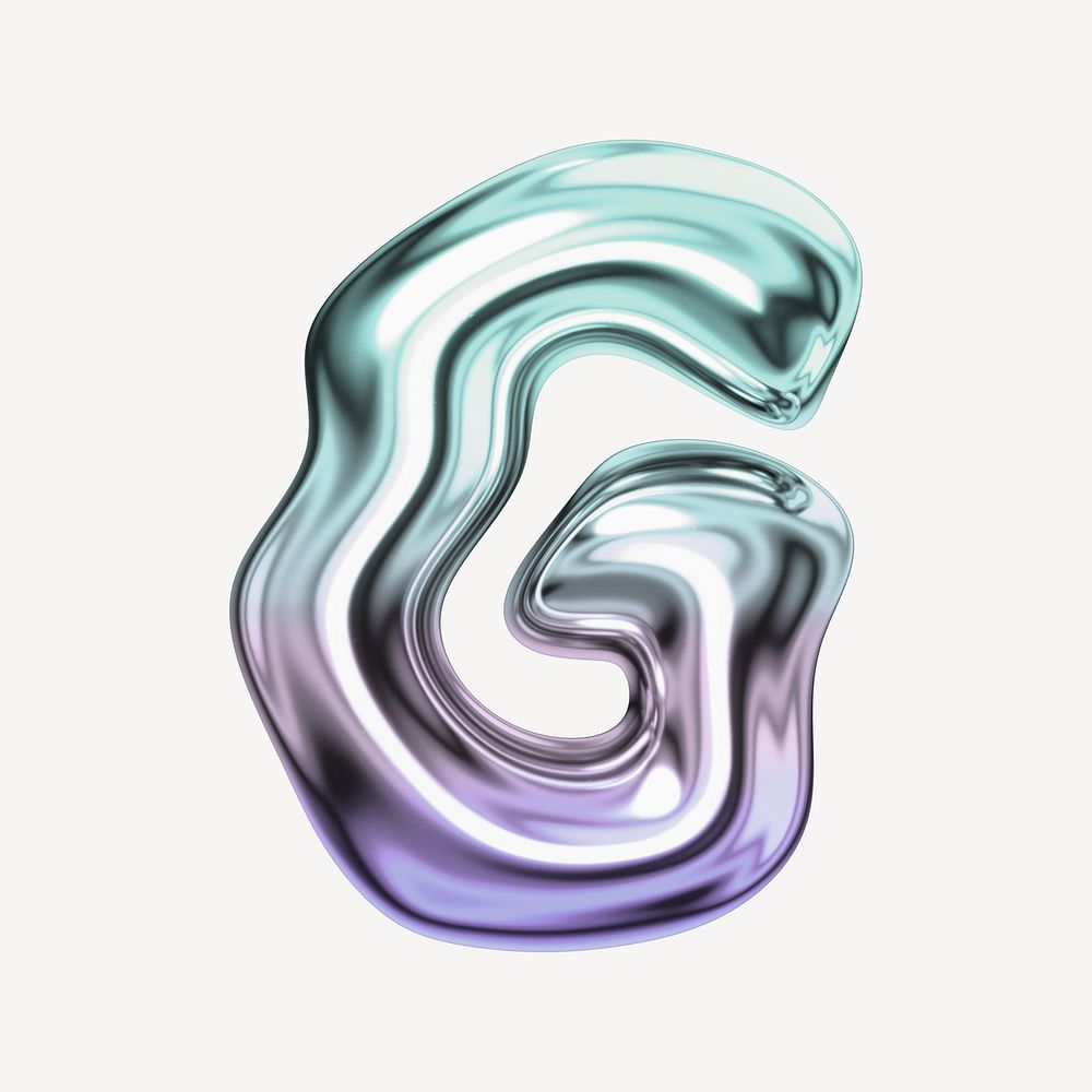 Letter G, holographic fluid chrome font illustration