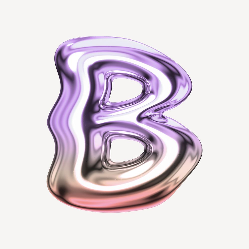 Letter B, holographic fluid chrome font illustration