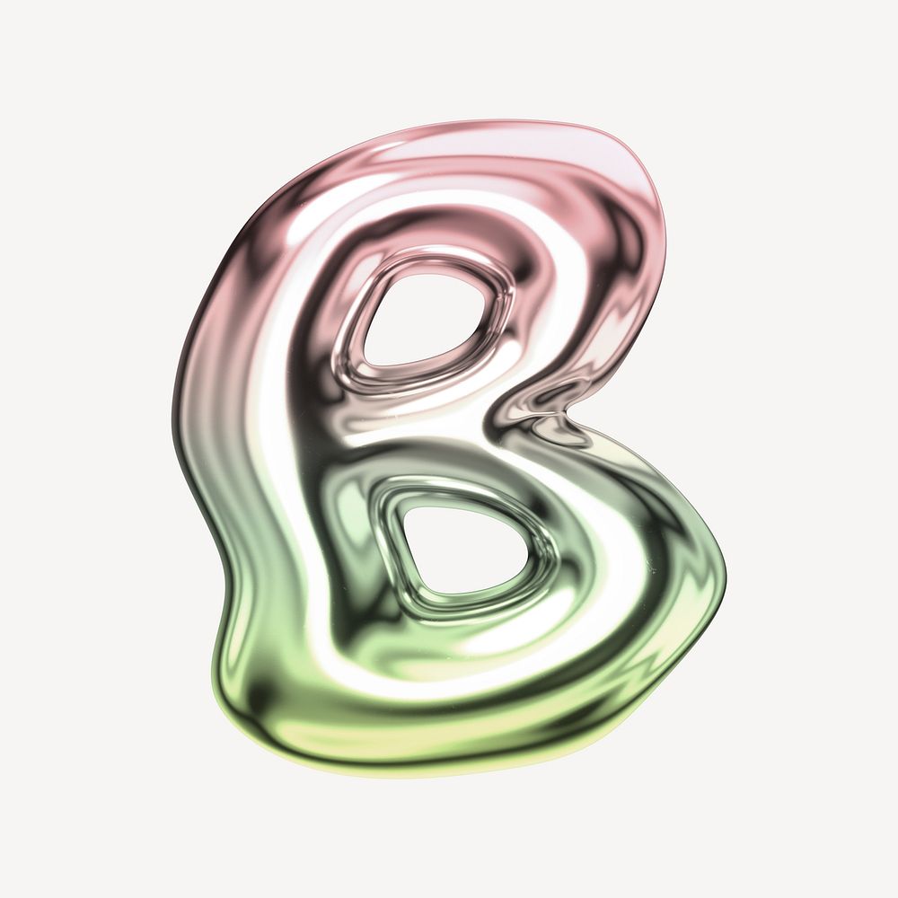 Letter B, holographic fluid chrome font illustration