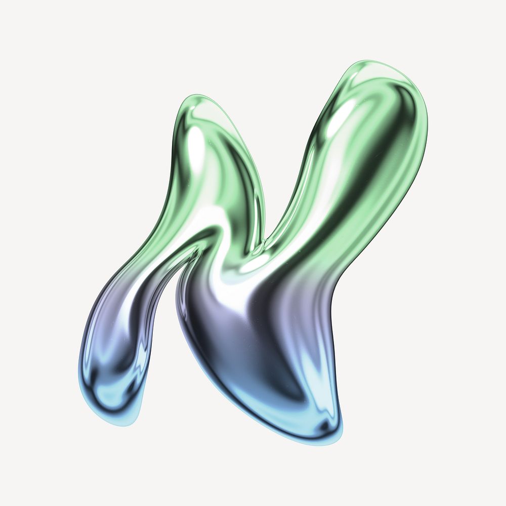 Letter N, holographic fluid chrome font illustration