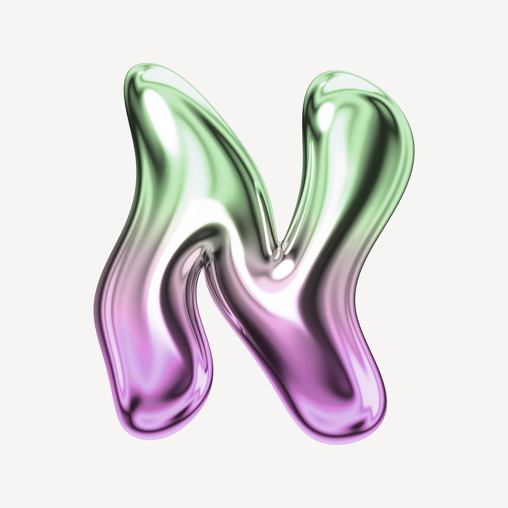 Letter N, holographic fluid chrome font illustration