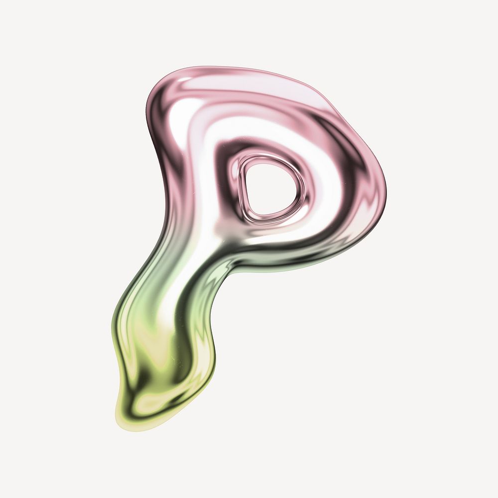 Letter P, holographic fluid chrome font illustration