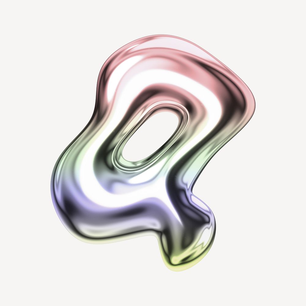 Letter Q, holographic fluid chrome font illustration