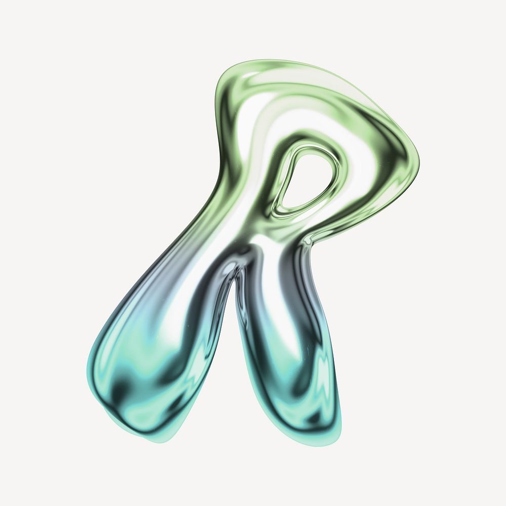 Letter R, holographic fluid chrome font illustration