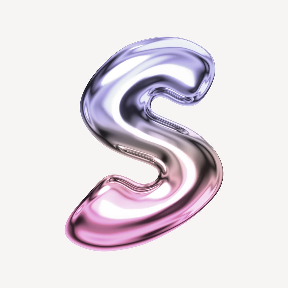 Letter S, holographic fluid chrome font illustration