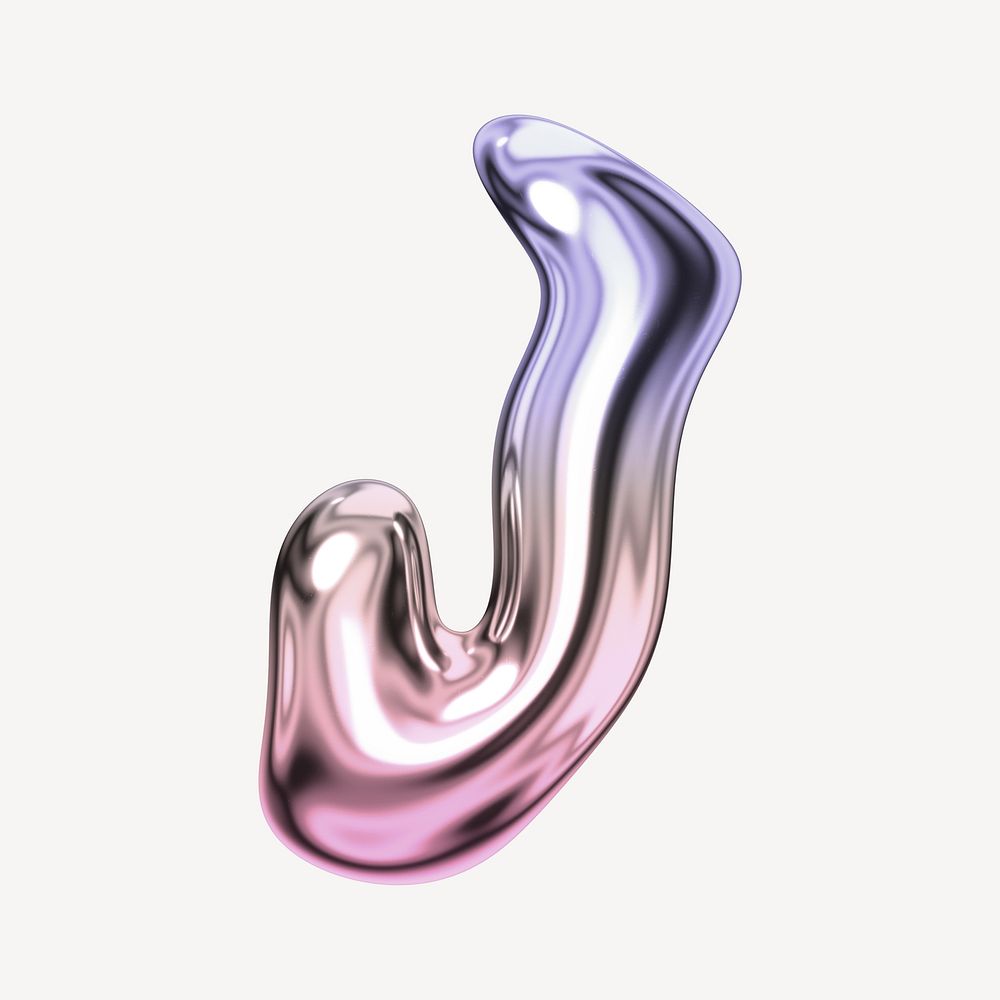 Letter J, holographic fluid chrome font illustration