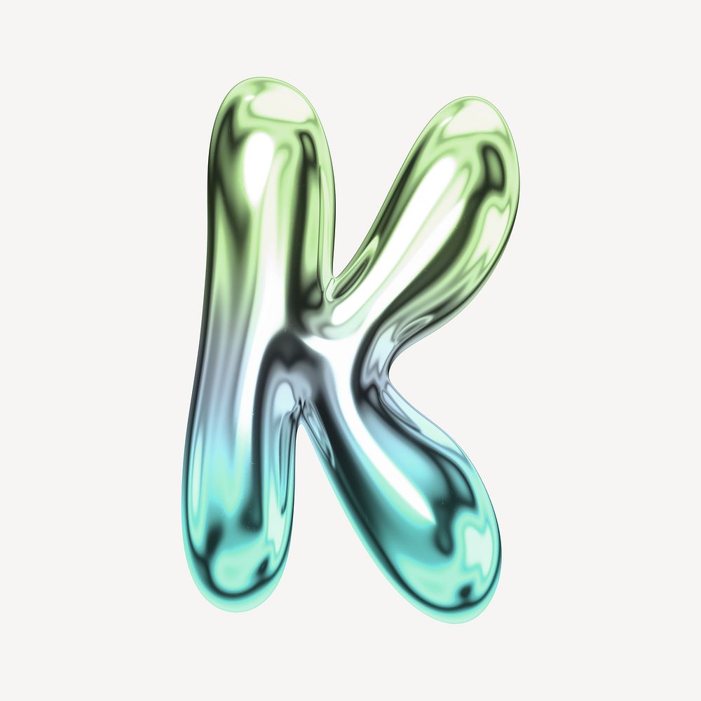 Letter K, holographic fluid chrome font illustration
