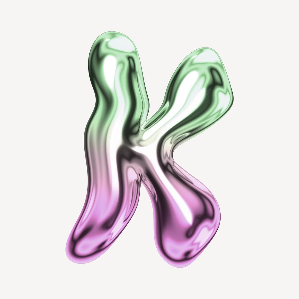 Letter K, holographic fluid chrome font illustration