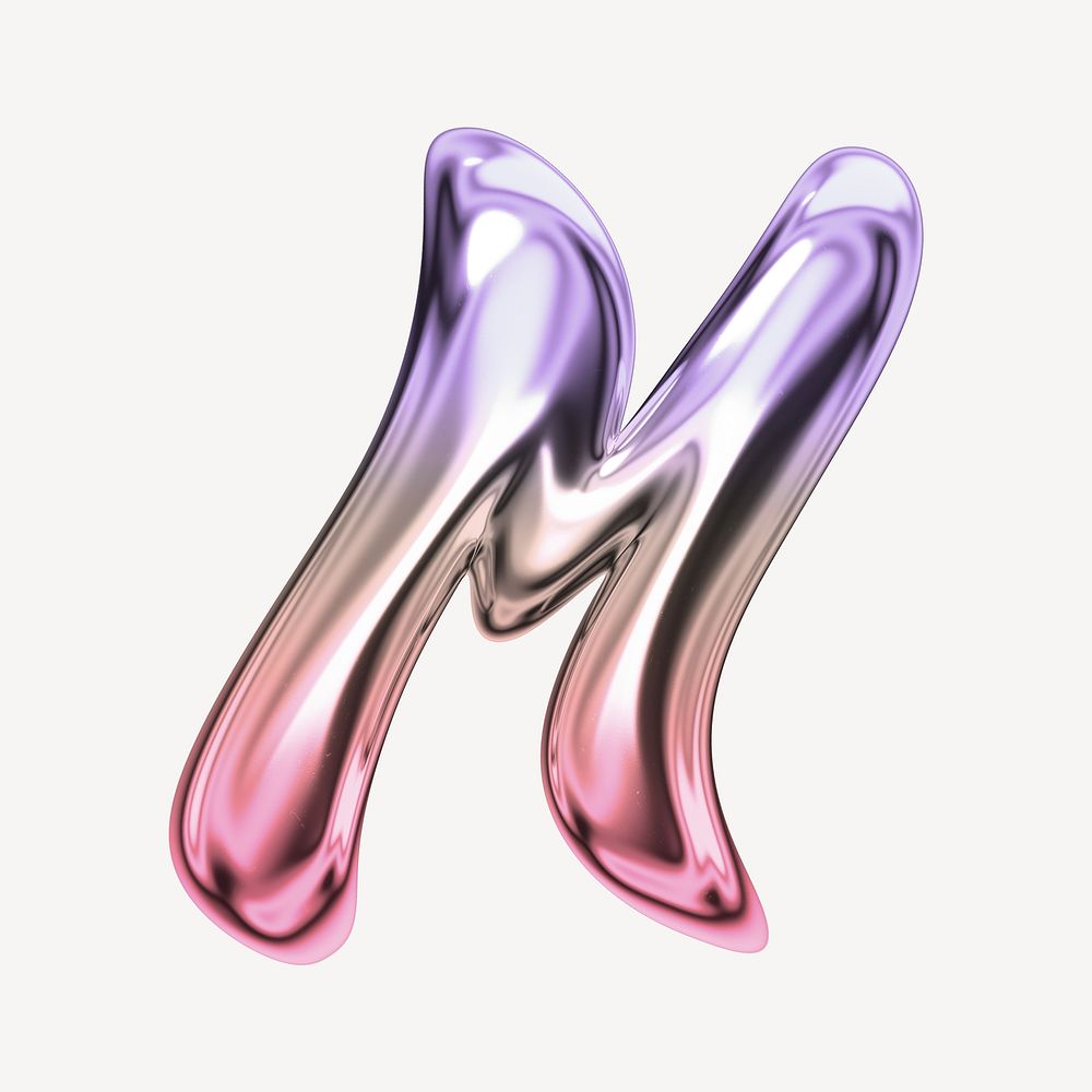 Letter M, holographic fluid chrome font illustration