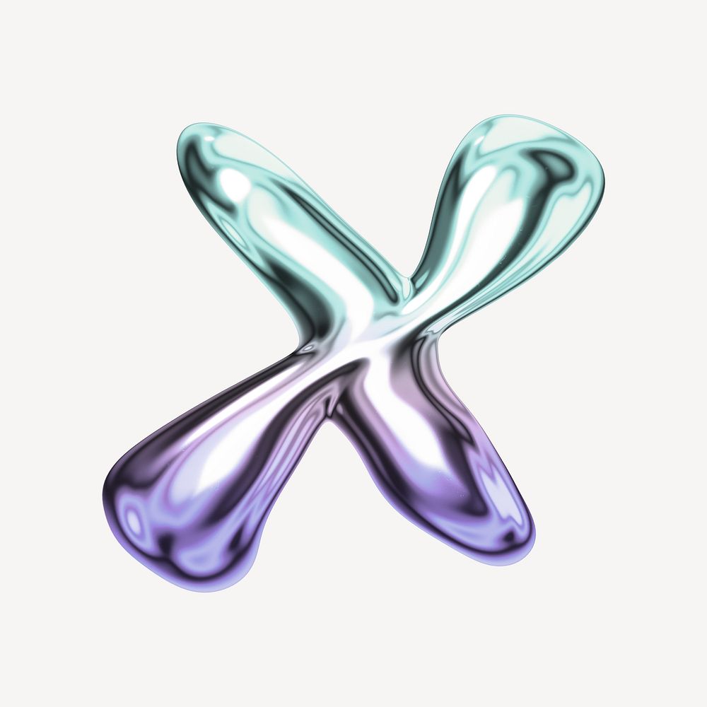 Letter X, holographic fluid chrome font illustration